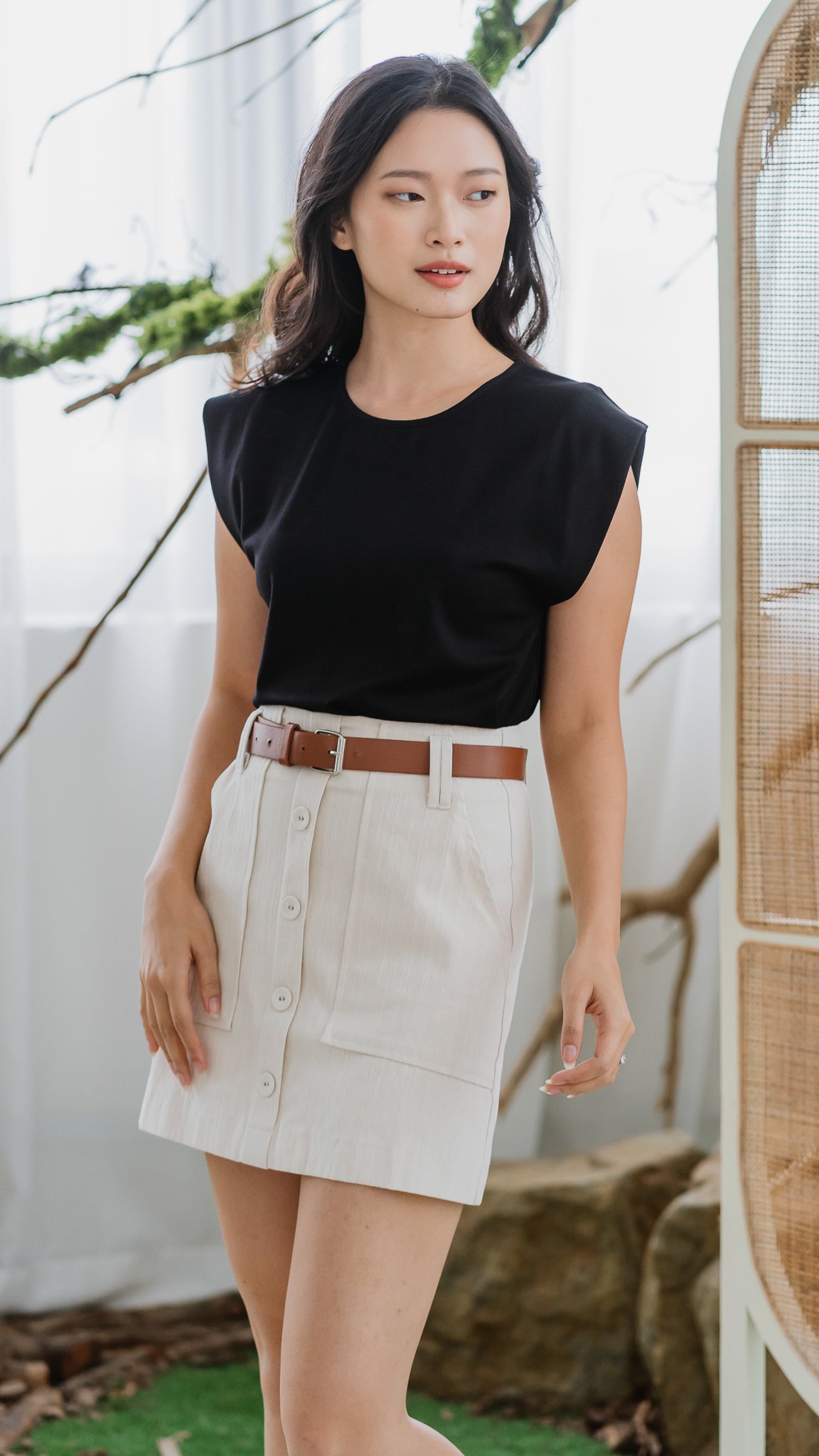 Nicole Linen Blend Skirt with Belt in Beige [ONLINE ONLY]