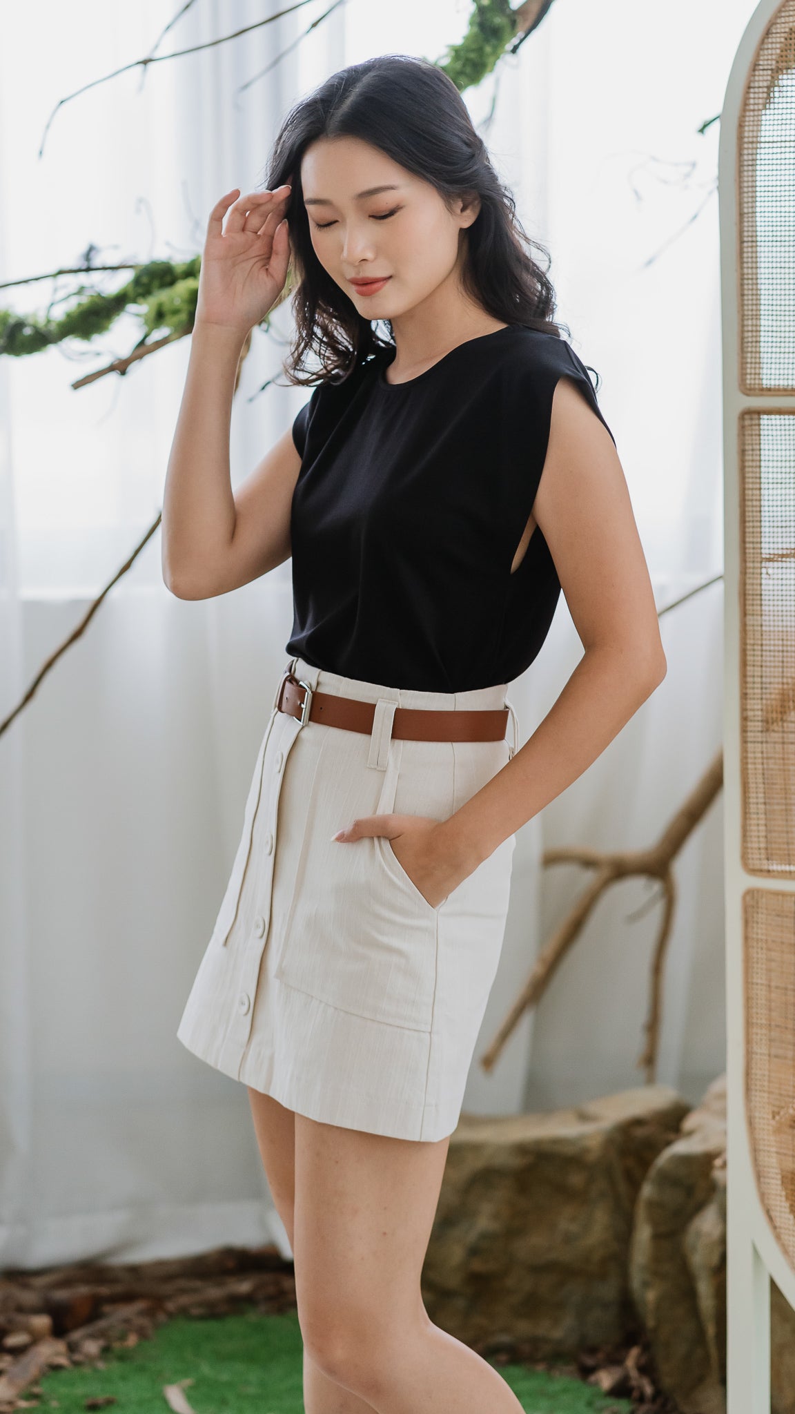 Nicole Linen Blend Skirt with Belt in Beige [ONLINE ONLY]