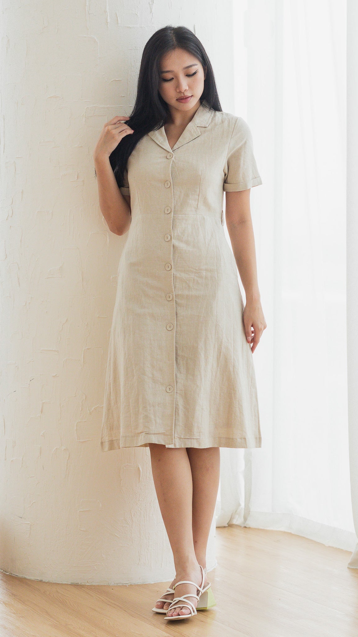 Alyssa Camp Collar Linen Dress in Linen Gray