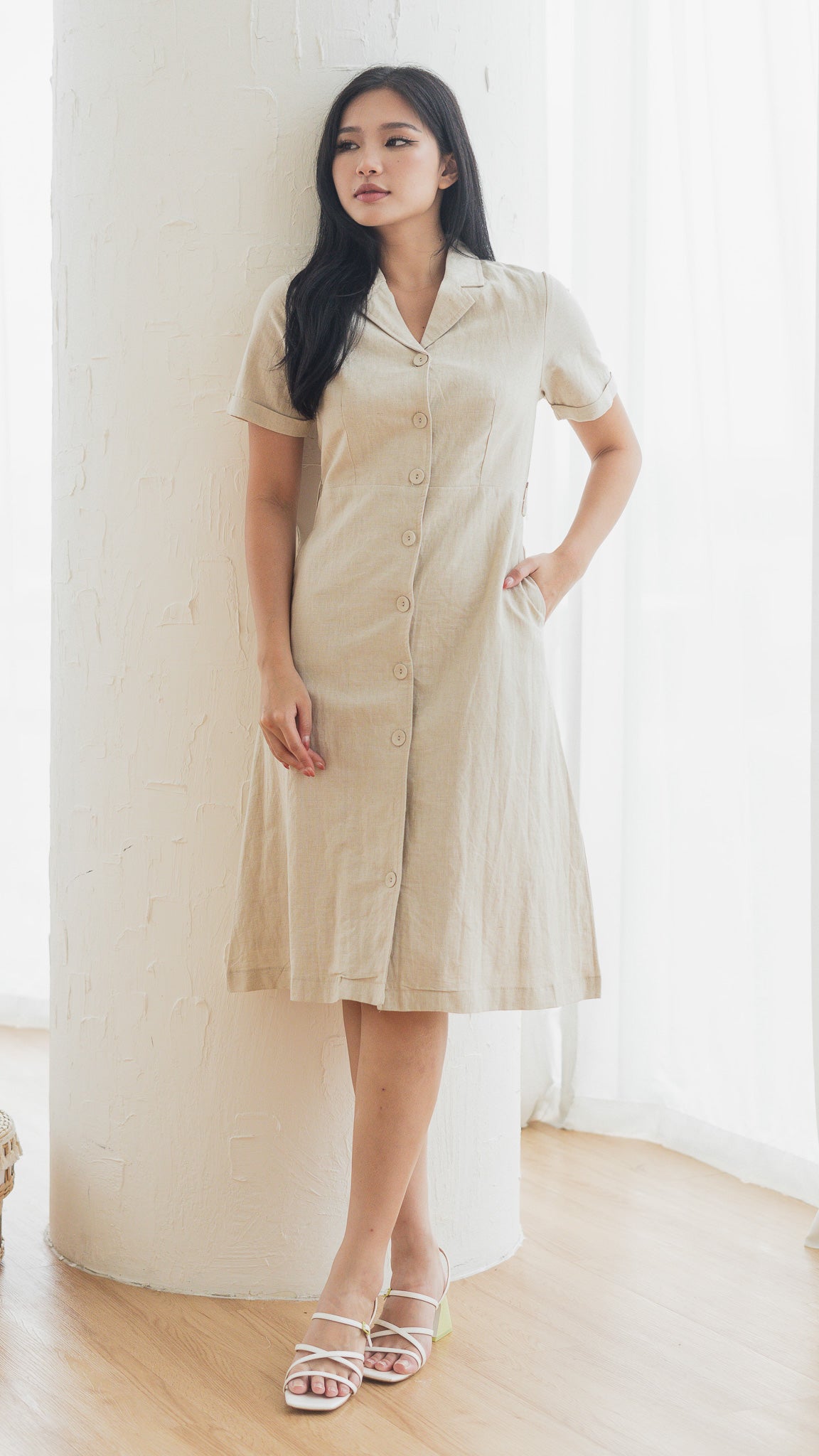 Alyssa Camp Collar Linen Dress in Linen Gray