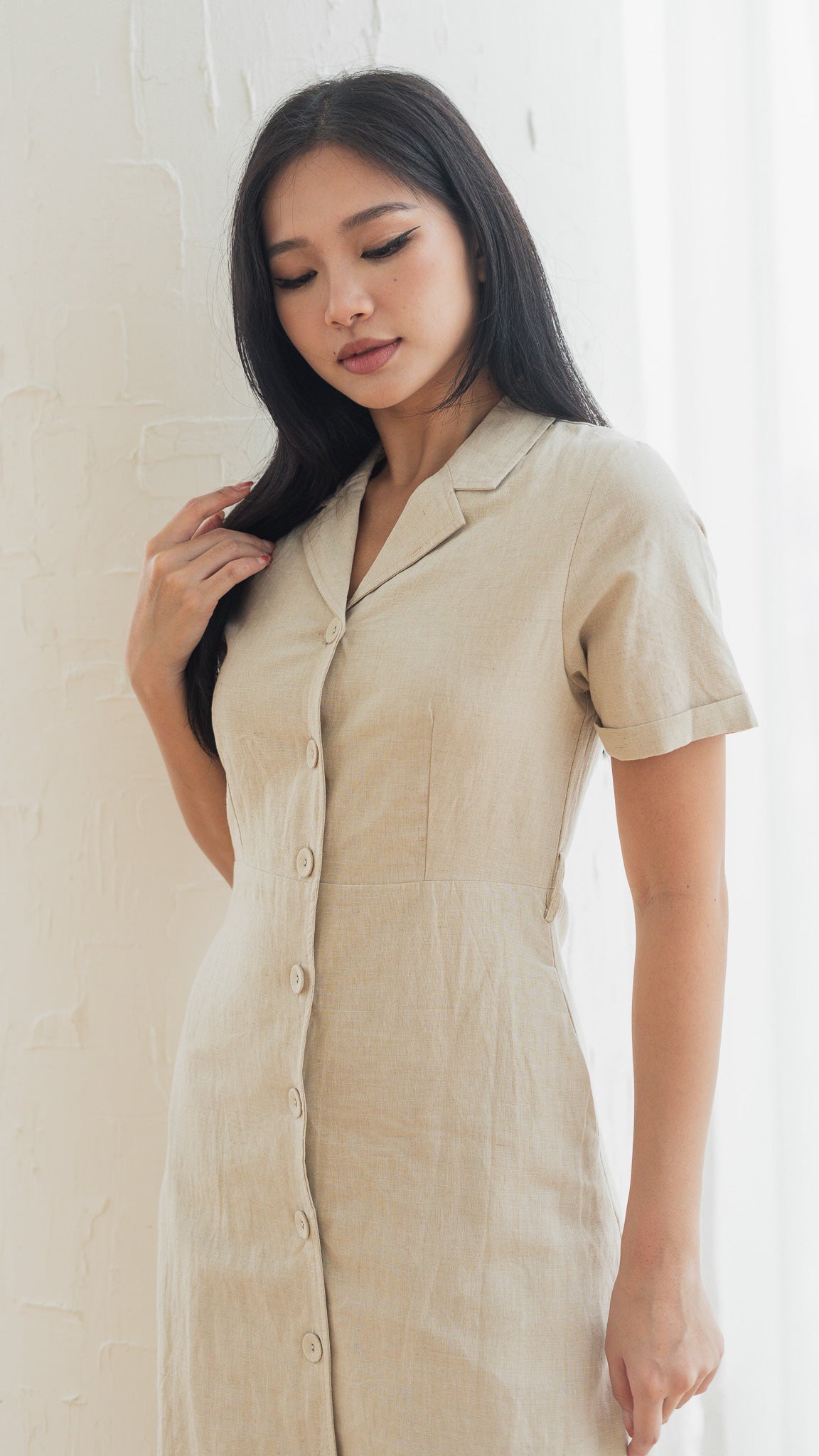 Alyssa Camp Collar Linen Dress in Linen Gray
