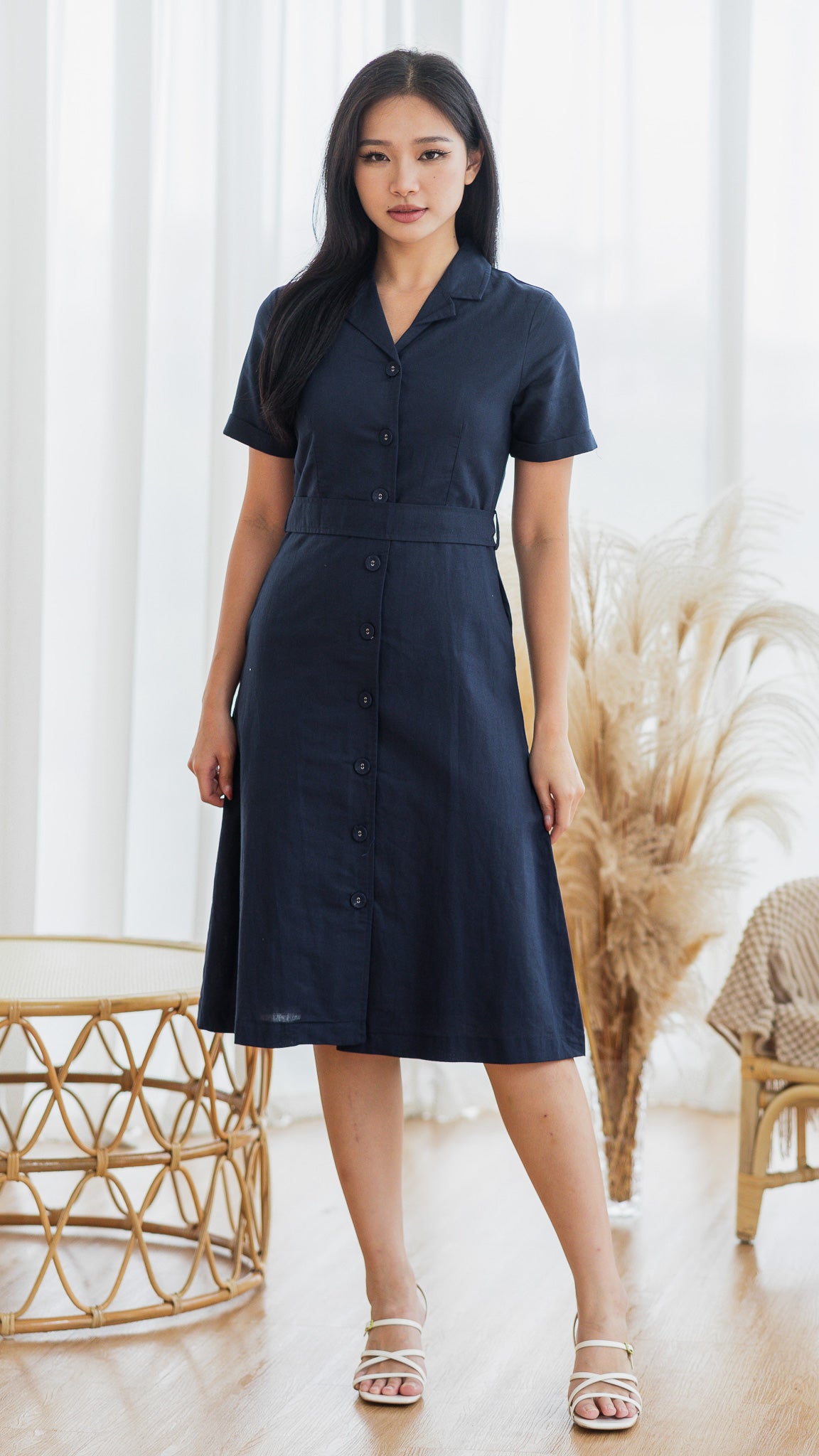 Alyssa Camp Collar Linen Dress in Navy