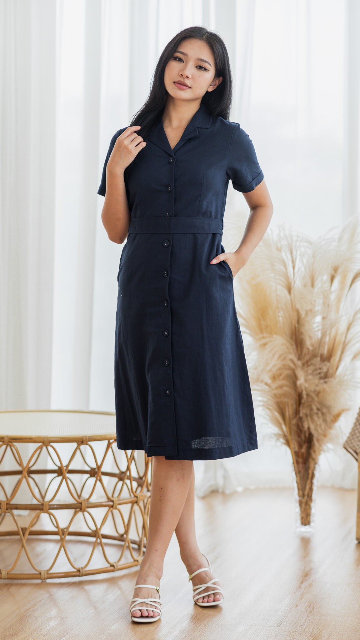 Alyssa Camp Collar Linen Dress in Navy