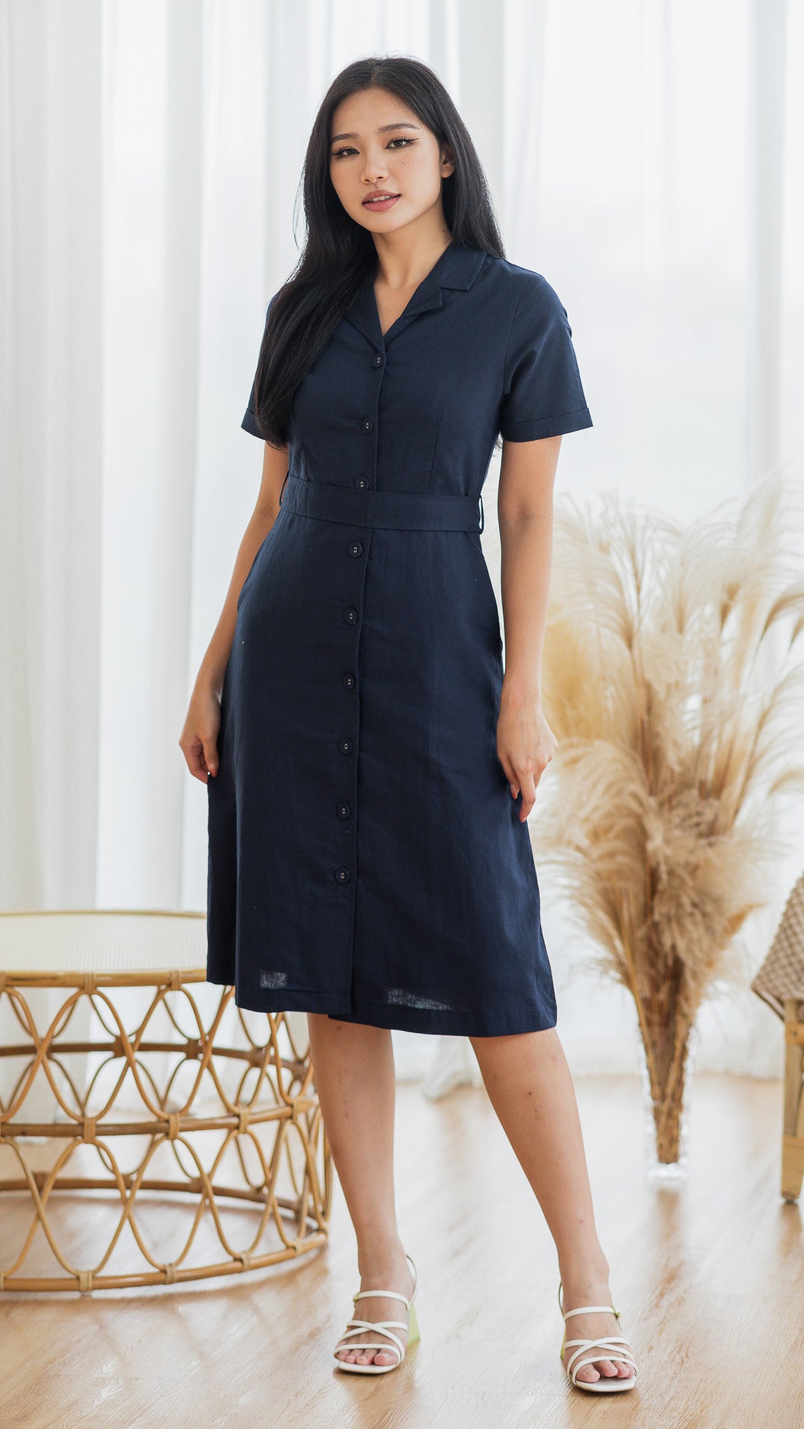 Alyssa Camp Collar Linen Dress in Navy