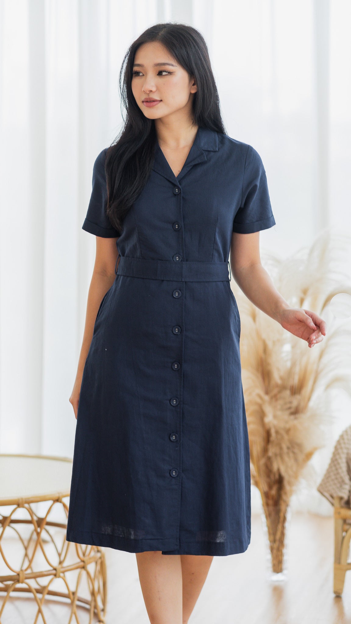Alyssa Camp Collar Linen Dress in Navy