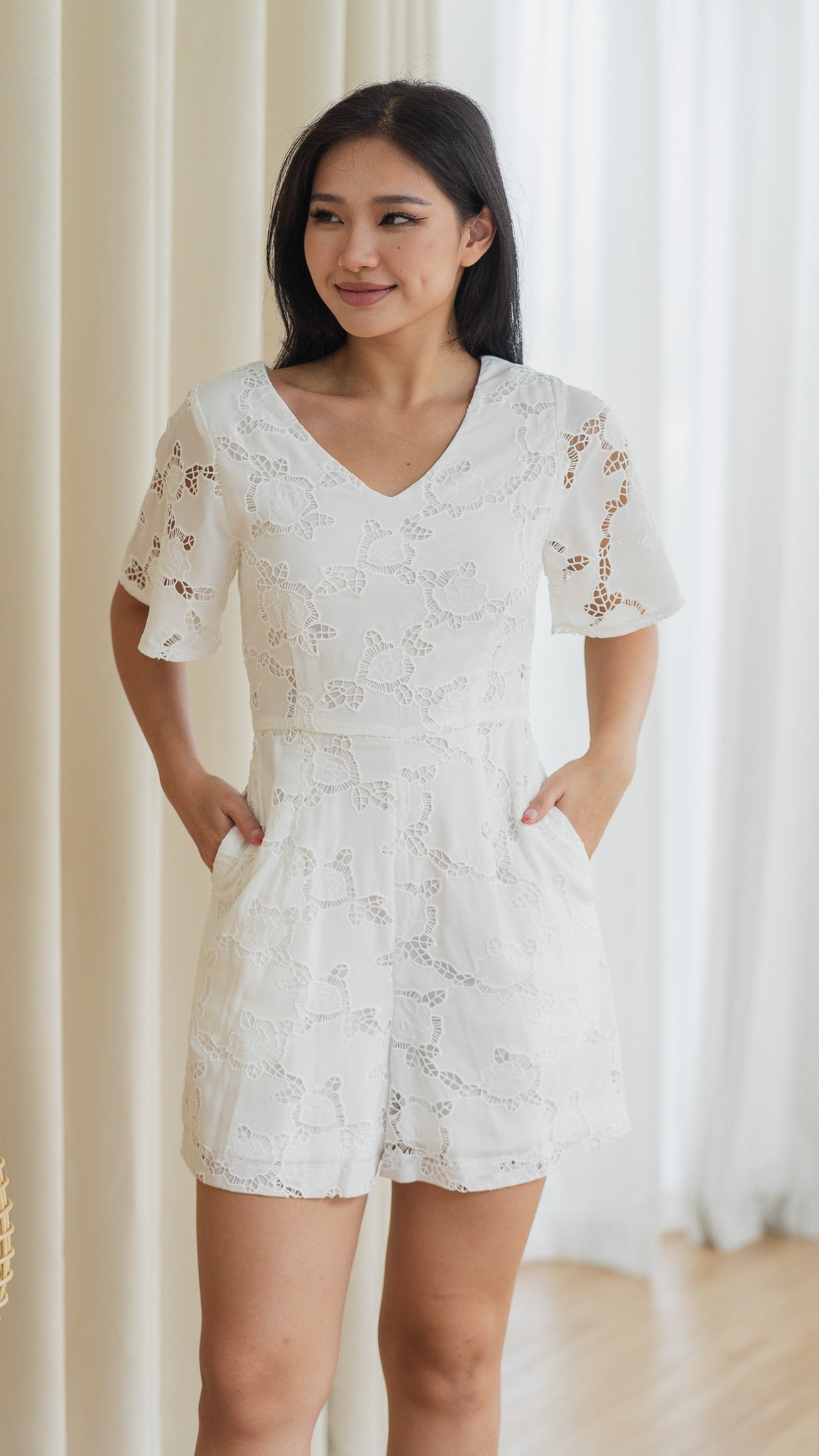 Easy Elegance Lace Embroidery Romper in White [ONLINE ONLY]