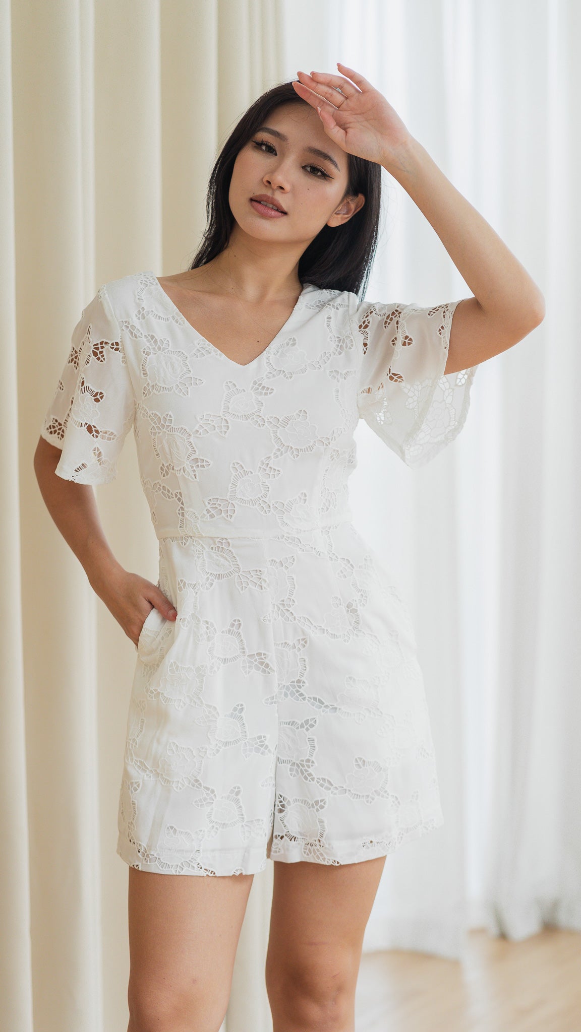 Easy Elegance Lace Embroidery Romper in White [ONLINE ONLY]