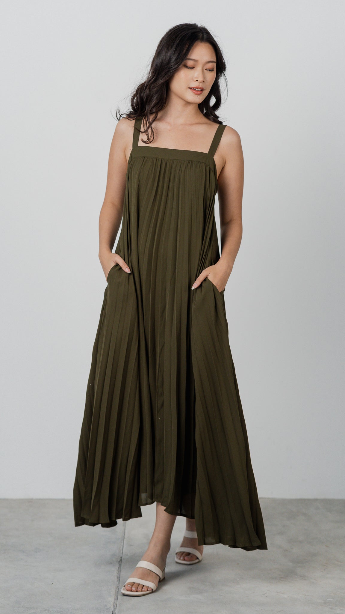 Wind In My Hair Pleated Dress in Olive [ONLINE ONLY]