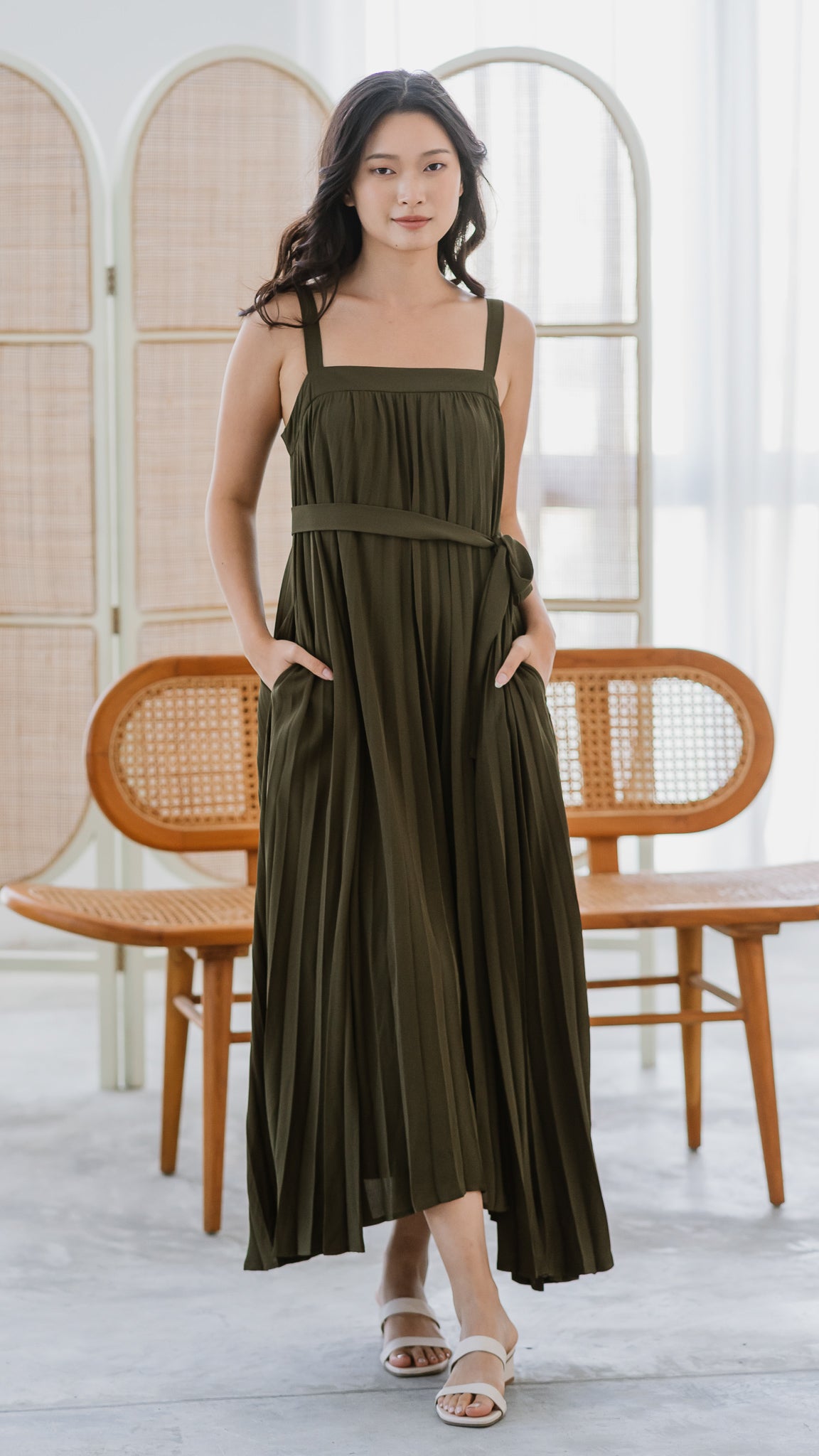 Wind In My Hair Pleated Dress in Olive [ONLINE ONLY]