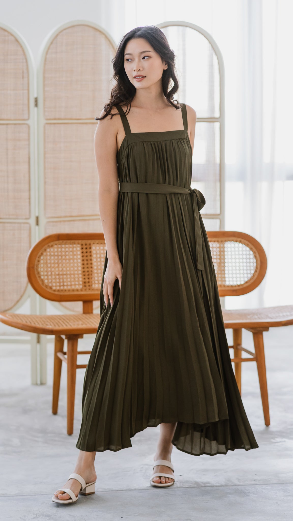 Wind In My Hair Pleated Dress in Olive [ONLINE ONLY]