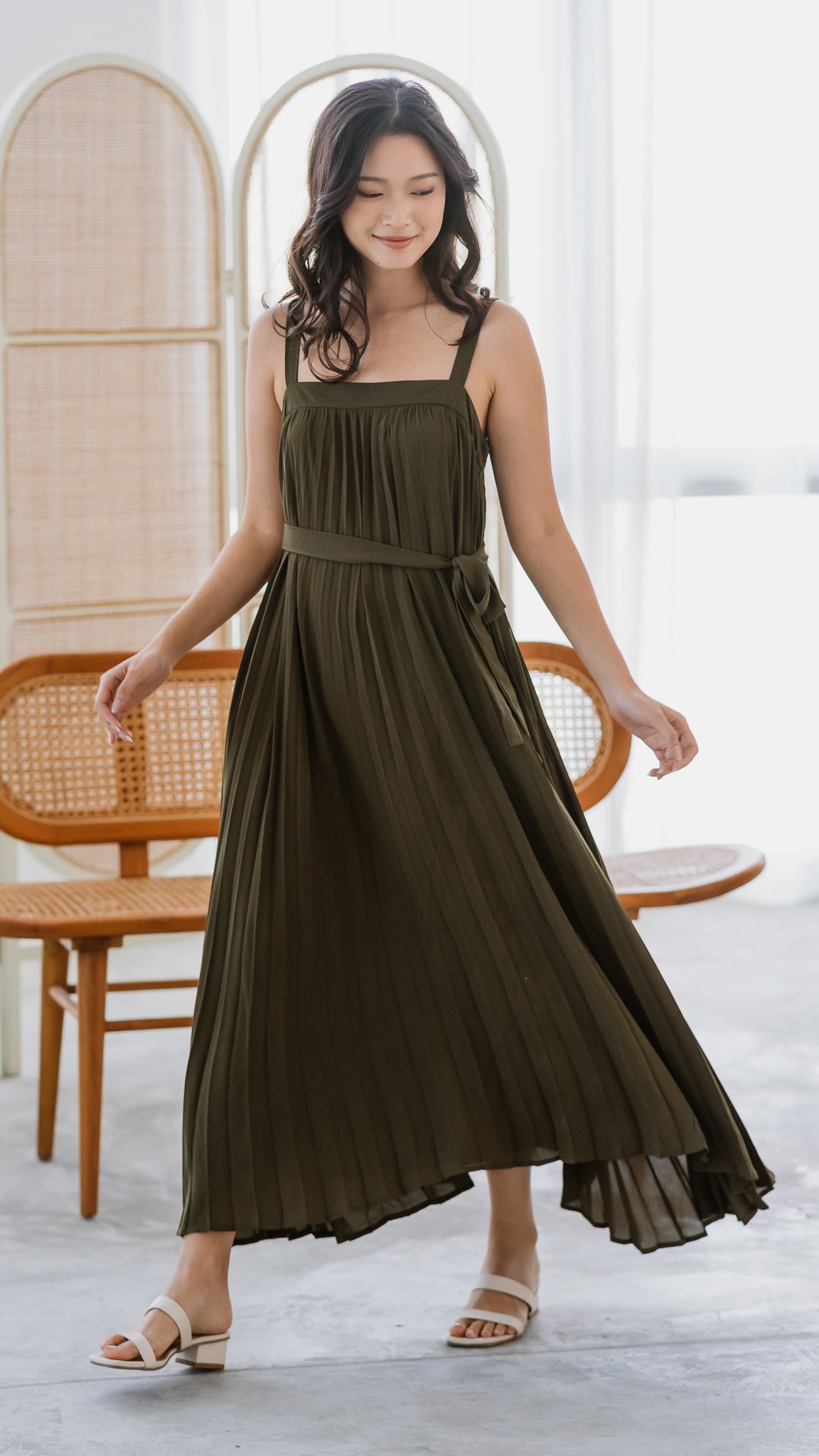 Wind In My Hair Pleated Dress in Olive [ONLINE ONLY]