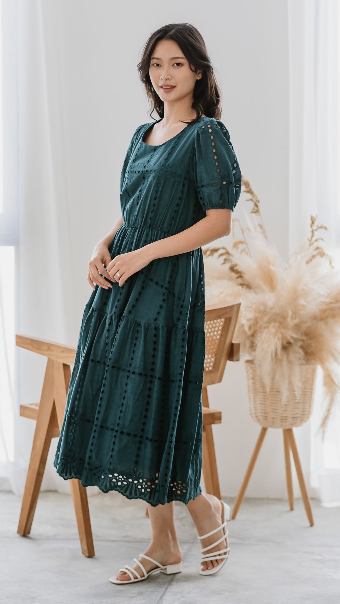 Sweet Disposition Broderie Dress in Forest [ONLINE ONLY]