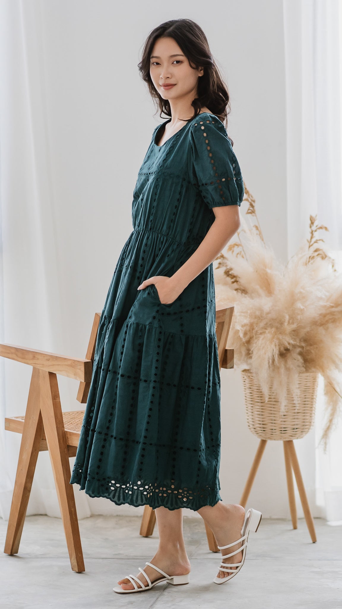 Sweet Disposition Broderie Dress in Forest [ONLINE ONLY]